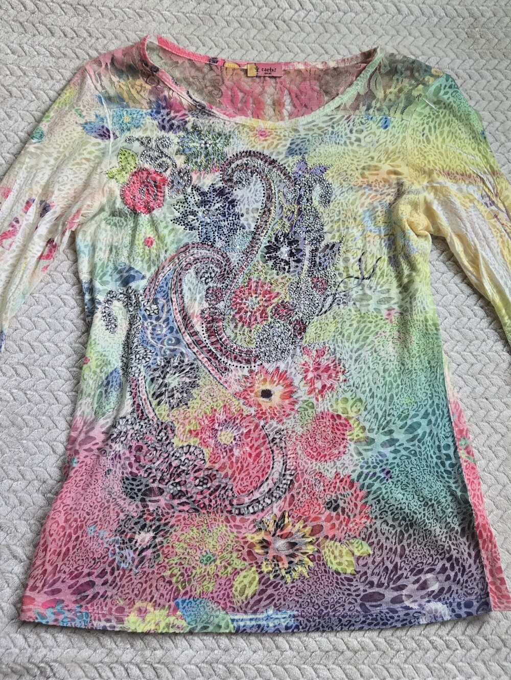 Vtg Cactus Fashion Y2K Burnout Scoop Neck Top Paisley Floral Rhinestone Small